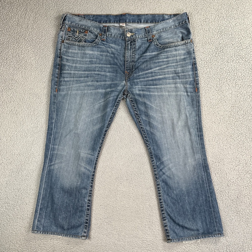 True Religion World Tour Straight Leg Jeans Men 46 Blue Flap Pocket Whiskered